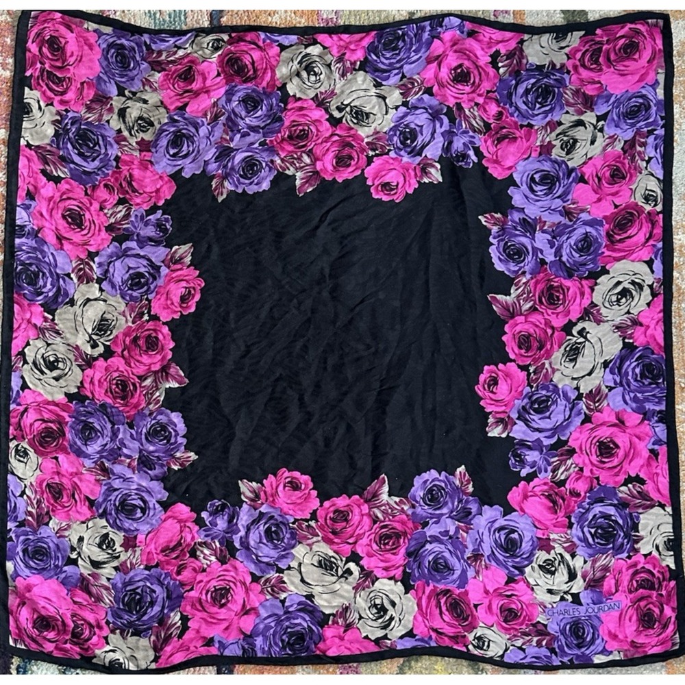 Vintage 1980s Charles Jourdan Silk Scarf 33x33 Floral Pink Purple Black‎